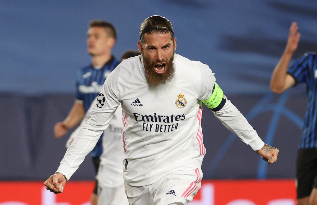 epa09132257 (FILE) - A file picture shows Real Madrid's defender Sergio Ramos celebrating after scoring a goal in the UEFA Champions League match between Real Madrid and Atalanta BC at Alfredo Di ...