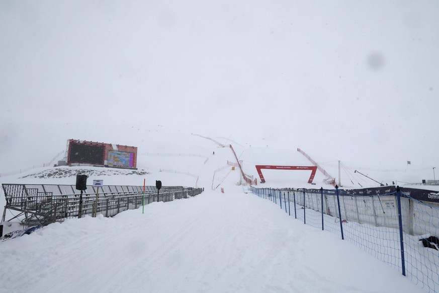 A view of the finish area of the course of an alpine ski, men&#039;s World Cup downhill race after it was canceled, in Cervinia-Zermatt, Saturday, Nov. 11, 2023. The inaugural World Cup downhill at th ...