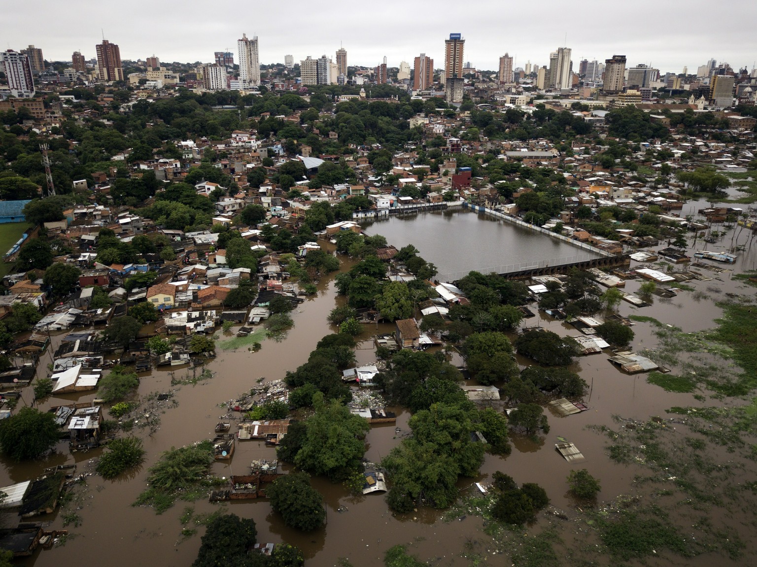 This aerial drone photo shows the flooded Chacarita neighborhood of Asuncion, Paraguay, on Saturday, May 11, 2019. The Paraguay River&#039;s normal stage is 4 meters (13 feet), but it has reached 6.75 ...