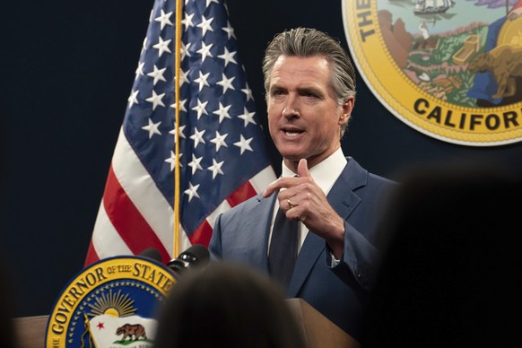 FILE - California Gov. Gavin Newsom answers a reporters question about his revised 2024-25 state budget during a news conference in Sacramento, Calif., Friday, May 10, 2024. Newsom used his State of t ...