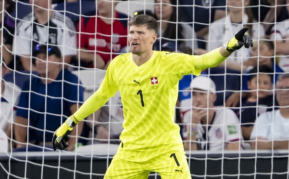 Switzerland&#039;s goalkeeper Gregor Kobel reacts during a Friendly soccer match between USA and Switzerland at the Geodis Park stadium, in Nashville, Tennessee, United States of America, Wednesday, J ...