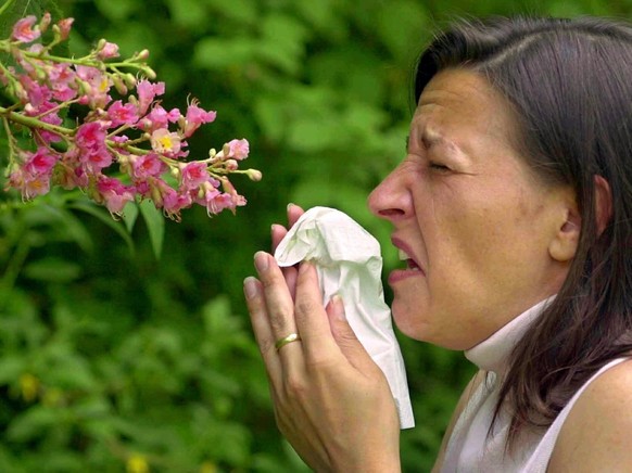 A young woman sneezes in front of the blossom of a chestnut tree in Wuerzburg, Germany, May 6, 2003. More and more people are affected by hay fever and allergies, the German society for allergology re ...