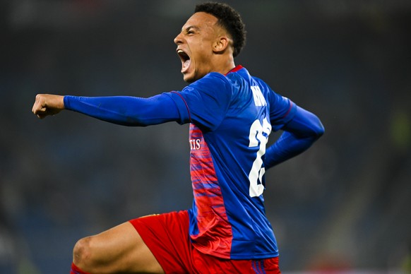 Basel&#039;s Dan Ndoye reacts after scoring 1-0 during the UEFA Conference League round of 16 second leg soccer match between Switzerland&#039;s FC Basel 1893 and France&#039;s Olympique de Marseille  ...