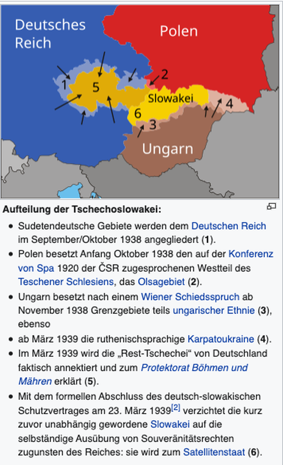 Die Aufteilung der Tschechoslowakei von September 1938 bis März 1939.