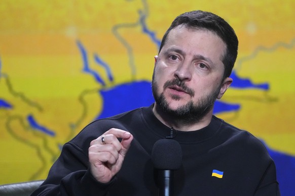 Ukrainian President Volodymyr Zelenskyy speaks during his year-end press conference in Kiev, Ukraine, Tuesday, December 1.  August 19, 2023. (AP Photo/Efrem Lukatsky)