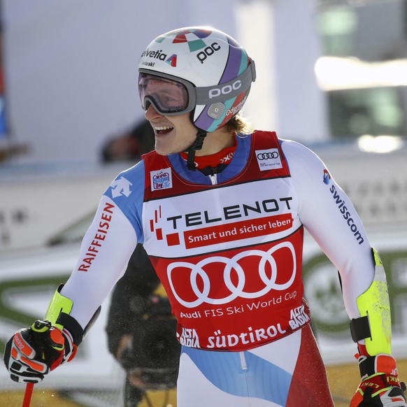 Switzerland&#039;s Marco Odermatt gets to the finish area of an alpine ski, men&#039;s World Cup giant slalom in Alta Badia, Italy, Sunday, Dec.20, 2020. (AP Photo/Marco Trovati)