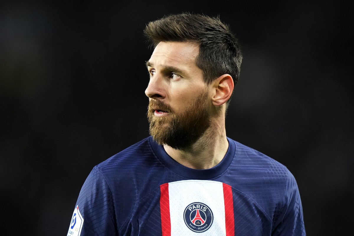 PSG's Lionel Messi looks on during the French League One soccer match between Paris Saint-Germain and Angers at the Parc des Princes in Paris, France, Wednesday, Jan. 11, 2023. (AP Photo/Francois ...