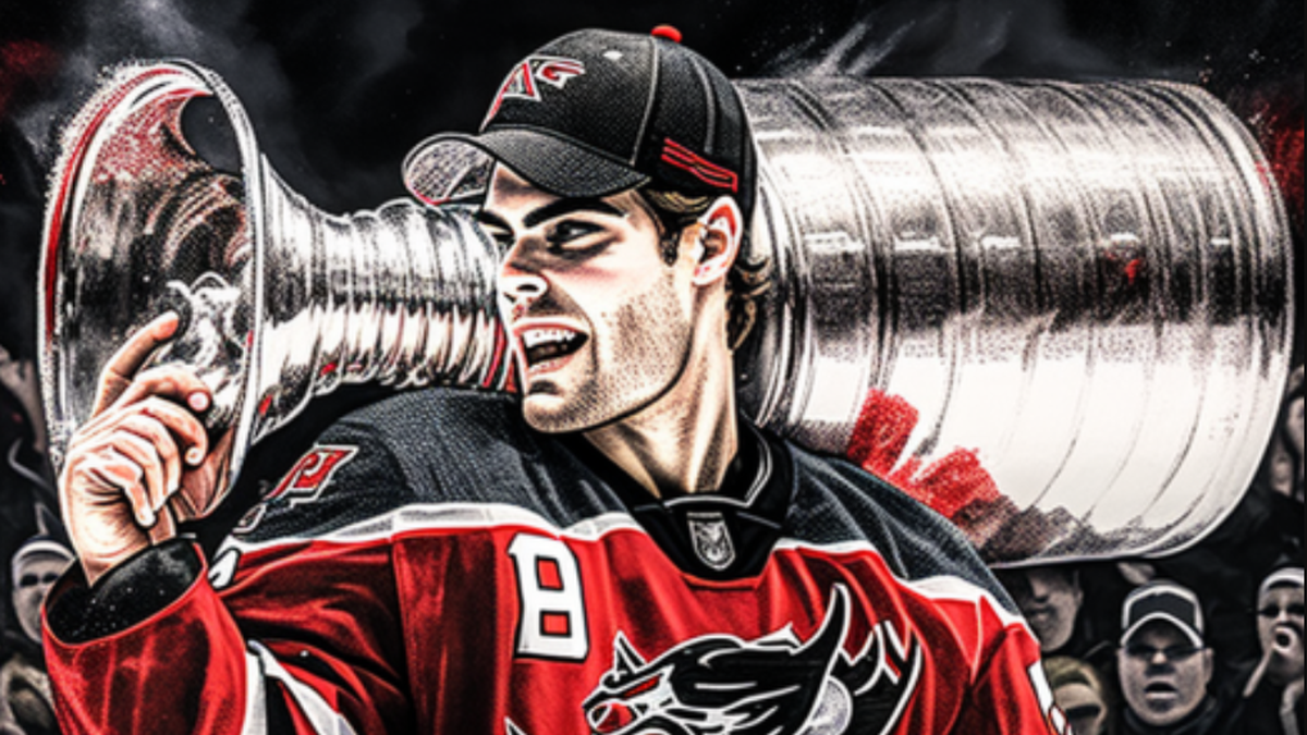AI-Karikatur von Nico Hischier mit dem Stanley Cup.