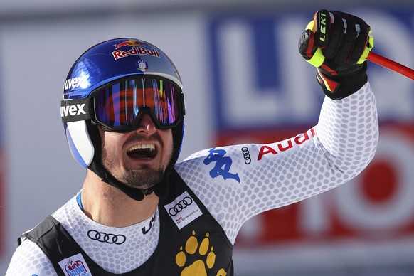 Italy&#039;s Dominik Paris celebrates at the finish area during a ski World Cup Men&#039;s Super G in Bormio, Italy, Saturday, Dec. 29, 2018. (AP Photo/Marco Trovati)