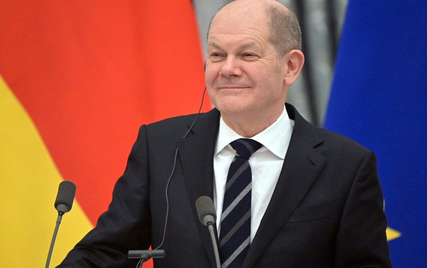 epa09759807 German Chancellor Olaf Scholz attends a joint press conference with Russian President Putin following their talks at the Kremlin in Moscow, Russia, 15 February 2022. The German Chancellor  ...