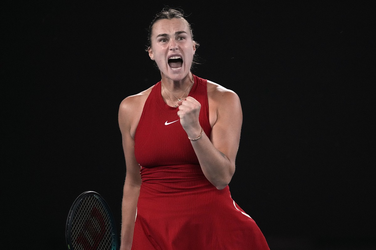 Aryna Sabalenka of Belarus reacts during her quarterfinal against Barbora Krejcikova of the Czech Republic dat the Australian Open tennis championships at Melbourne Park, Melbourne, Australia, Tuesday ...
