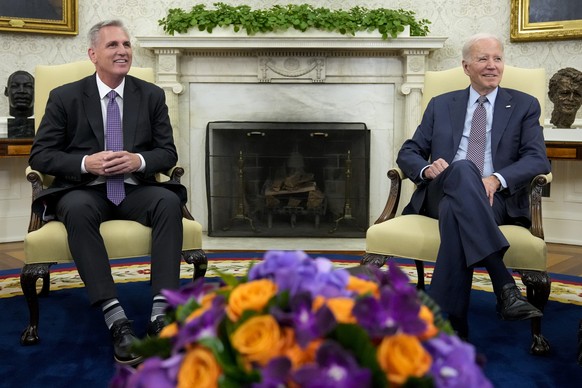 President Joe Biden meets with House Speaker Kevin McCarthy of California to discuss the debt limit in the Oval Office of the White House on Monday, May 22, 2023 in Washington.  (AP Photo/Alex Brandon) Joe...
