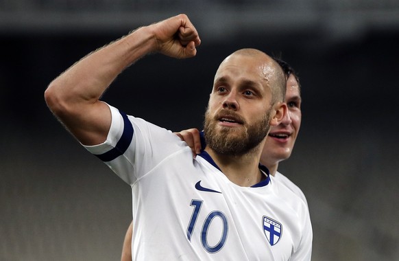 FILE - In this photo taken on Nov. 18, 2019, Finland&#039;s Teemu Pukki celebrates after scoring the opening goal during the Euro 2020 group J qualifying soccer match between Greece and Finland at Oly ...