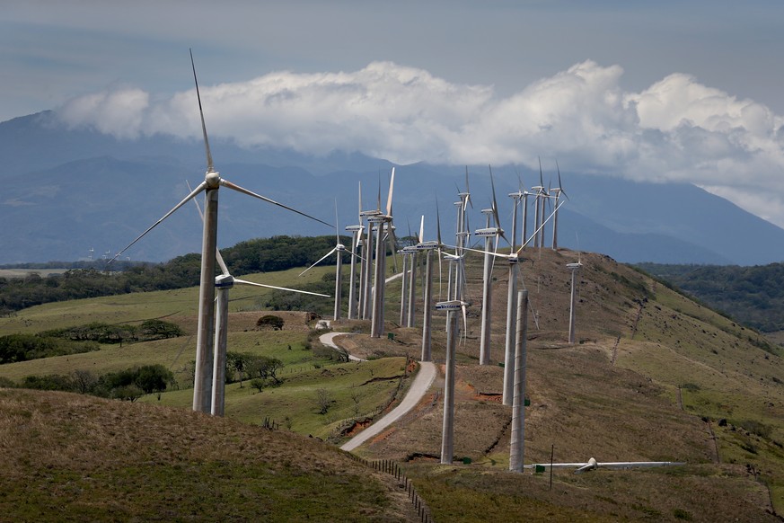 GUANACASTE, COSTA RICA - MARCH 26: Wind turbines run by the Costa Rican Electricity Institute (ICE) are seen along a ridge line as the power company has managed to produce all of the electricity for t ...