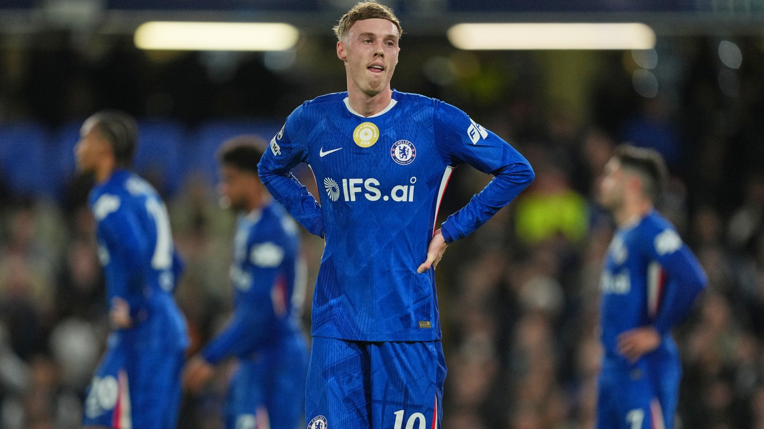 Chelsea's Cole Palmer during the Champions League soccer match between Chelsea and Paris Saint-Germain in London, England, Tuesday, March 17, 2026. (AP Photo/Kin Cheung)
Cole Palmer