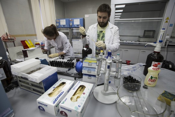 FILE - In this May 24, 2016 file photo, employees Natalya Bochkaryova, left, and Ilya Podolsky work at the Russia&#039;s national drug-testing laboratory in Moscow, Russia. Russia is accused of manipu ...