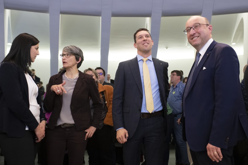 Die Kandidaten fuer den Regierungsrat Laura Bucher (SP), Rahel Wuermli (Gruene), Michael Goette (SVP), und Beat Tinner (FDP), von links, muessen in den zweiten Wahlgang, bei den Wahlen im Kanton St. G ...