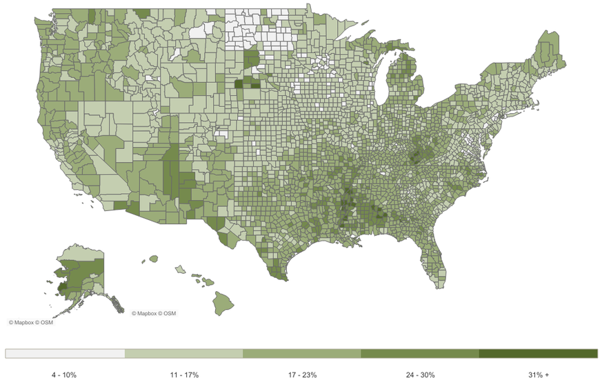 Je dunkler, desto hungriger die Bevölkerung. Vor allem die Südstaaten Mississippi, Teile von Texas und New Mexico sind von «food insecurity» betroffen.