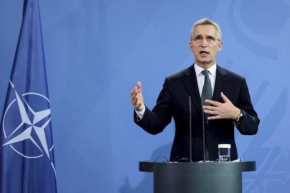 NATO Secretary General Jens Stoltenberg speaks during a news conference with German Chancellor Olaf Scholz after their talks at the Chancellery in Berlin, Germany, Jan. 18, 2022. (Hannibal Hanschke/Po ...