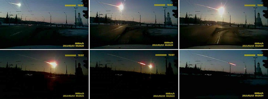 In this combo made from frame grabs from dashboard camera video, a meteor streaks through the sky over Chelyabinsk, about 1500 kilometers (930 miles) east of Moscow, Friday, Feb. 15, 2013. With a blin ...