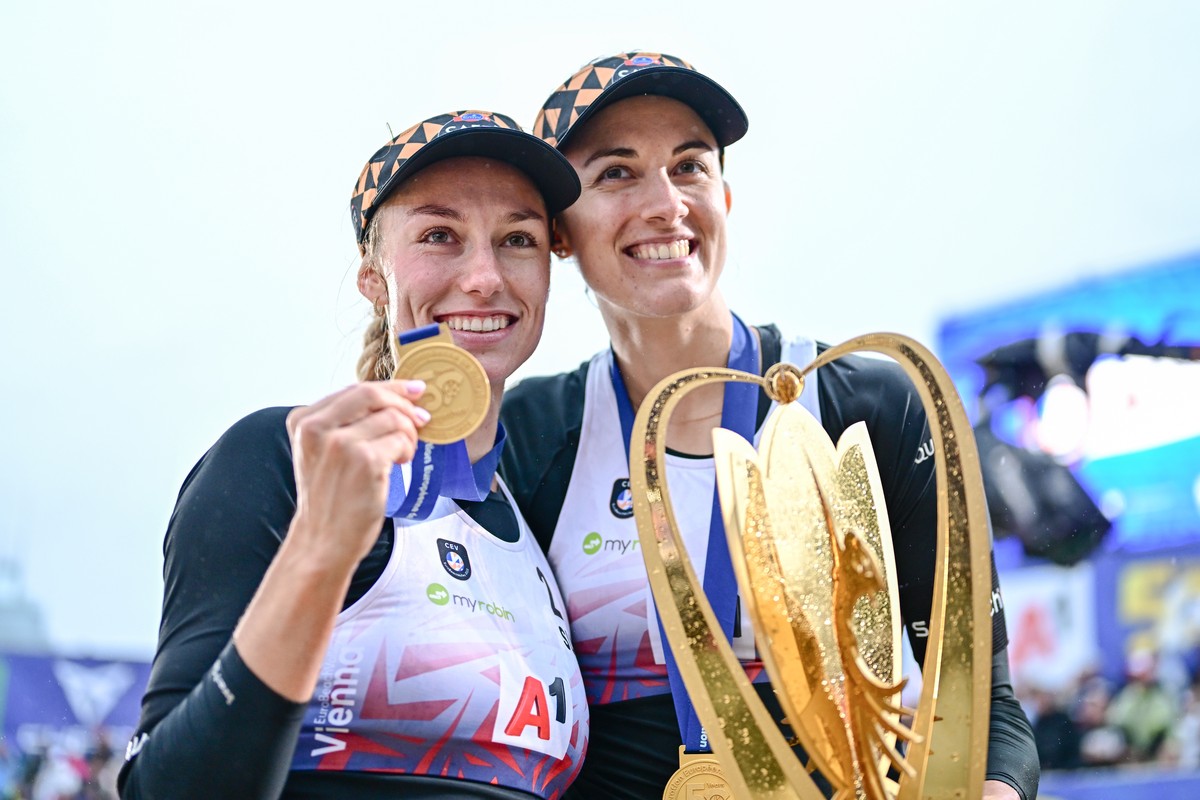 epa10786506 Tanja Hueberli and Nina Brunner of Switzerland celebrate after winning the Women's Gold Medal match against Daniela Alvarez Mendoza and Moreno Matveea of Spain at the CEV EuroBeachVol ...