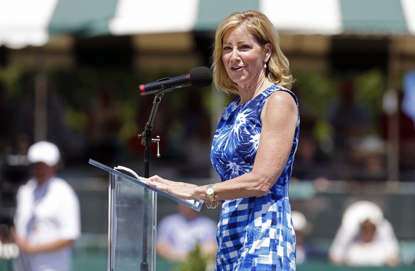 FILE - Chris Evert speaks at the International Tennis Hall of Fame induction ceremony in Newport, Rhode Island, Saturday, July 12, 2014. Evert will receive the Serving Up Dreams Award on the first day ...