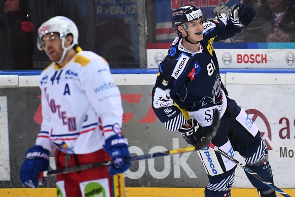 Ambri&#039;s player Nick Plastino celebrates the 2-0 goal during the preliminary round game of National League Swiss Championship 2017/18 between HC Ambri Piotta and EHC Kloten, at the ice stadium Val ...