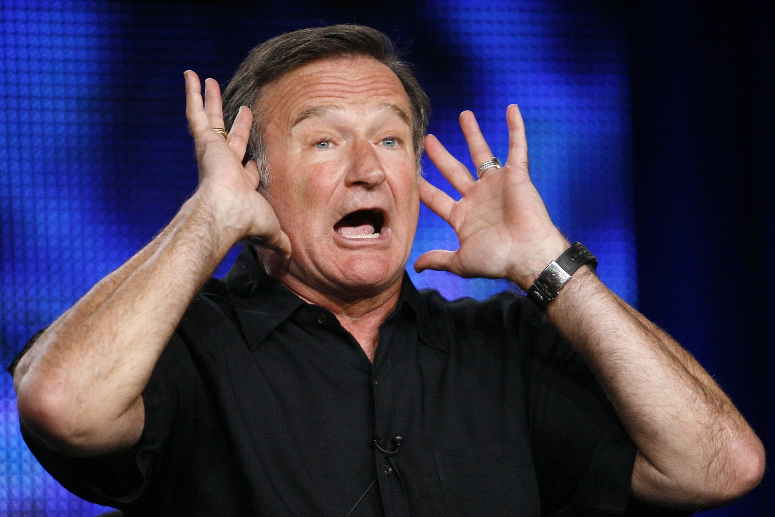 Ein gestikulierender Robin Williams bei einer Paneldiskussion für eine HBO-Serie im Jahr 2009.