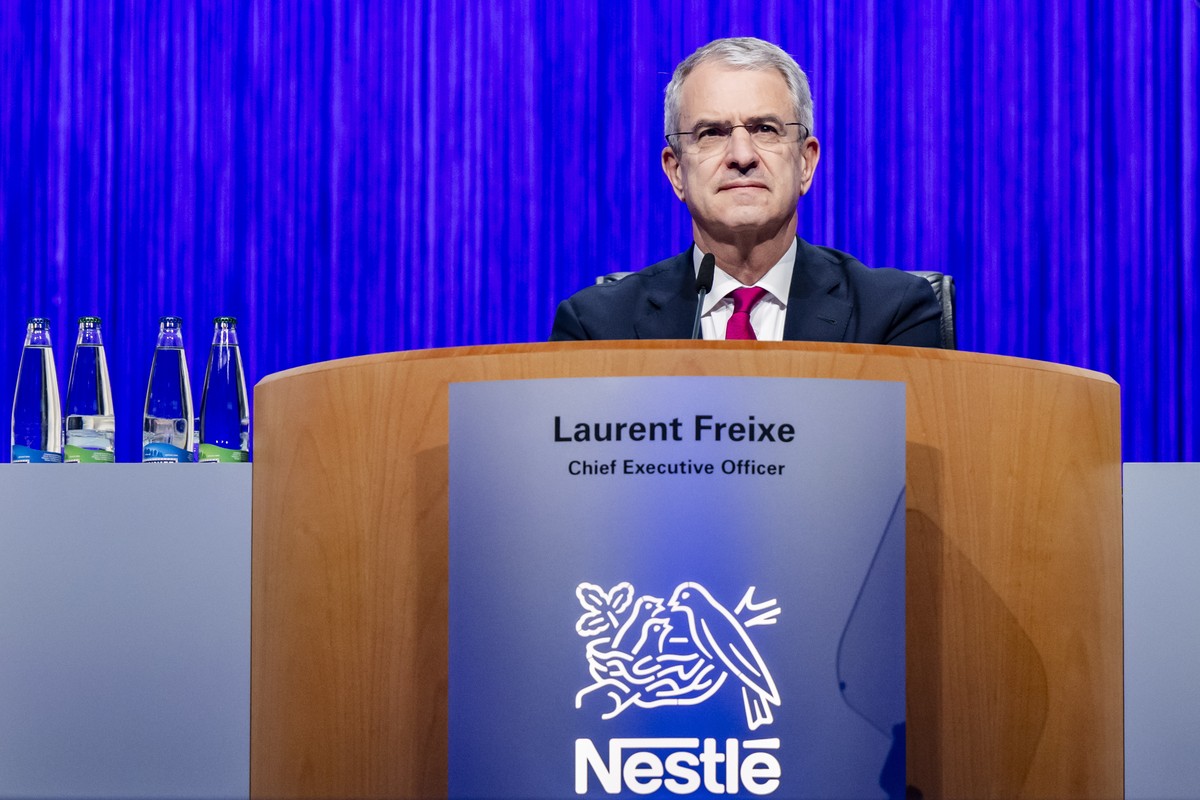 epa12034929 Laurent Freixe, Chief Executive Officer of Nestle, looks on during the Nestle Annual General Meeting at the SwissTech Conference Center (EPFL), in Ecublens near Lausanne, Switzerland, 16 A ...