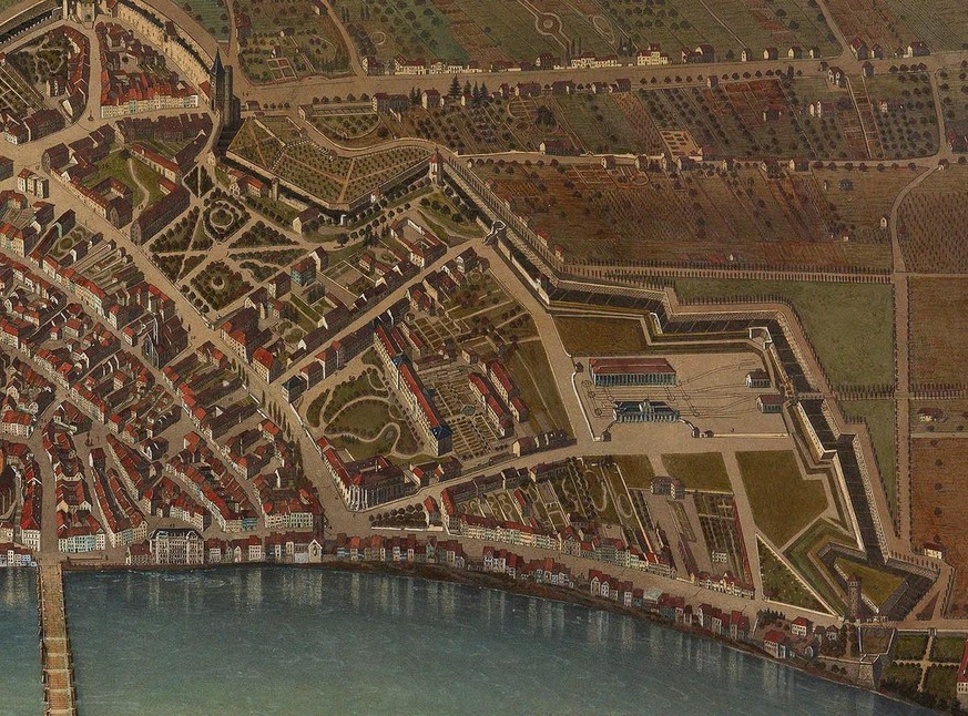 Ausschnitt aus dem «Malerischen Plan der Stadt Basel», aufgenommen und herausgegeben von Friedrich Mähly, 1847. Die grosszügige Anlage mit dem Eisenbahntor in der Stadtmauer ist minutiös eingetragen.
 ...