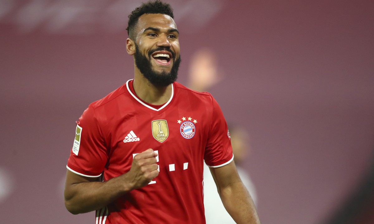 Bayern's Eric Maxim Choupo-Moting celebrates a goal that was disallowed for offside during the German Bundesliga soccer match between Bayern Munich and Bayer Leverkusen at the Allianz Arena stadi ...