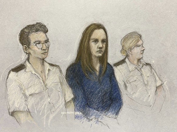 This court artist drawing by Elizabeth Cook from Aug. 10, 2023 shows of nurse Lucy Letby at Manchester Crown Court in Manchester, England. A neonatal nurse in a British hospital has been found guilty  ...