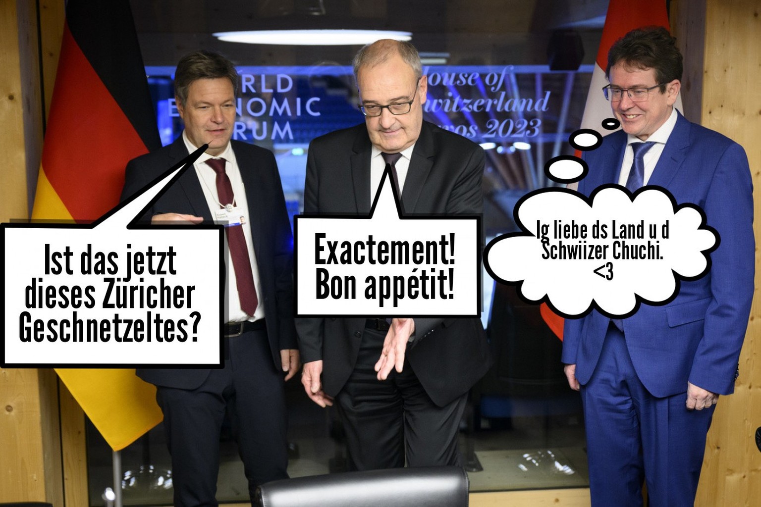 Ende gut, alles gut. Die Sitzung ist fertig. Einen freut das besonders: Habeck. Denn jetzt kann er sich endlich das Schweizer Essen einverleiben.