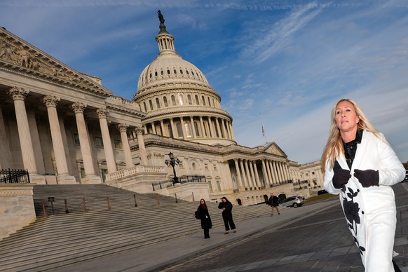 Rep. Marjorie Taylor Greene, R-Ga., arrives to a news conference on the Epstein Files Transparency Act, Tuesday, Nov. 18, 2025, outside the U.S. Capitol in Washington. (AP Photo/Julia Demaree Nikhinso ...