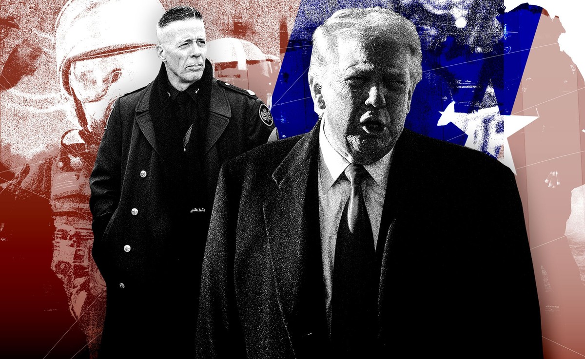 Taco Trump und Gestapo Bovino. Fotomontage zeigt US-Präsident Donald Trump und ICE-Kommandant Gregory Bovino vor Bildern aus von den ICE-Raids in Minnesota