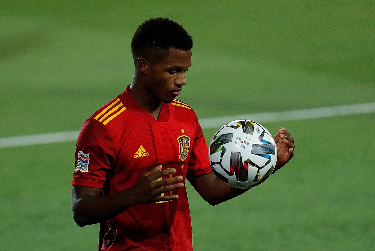 epa08651610 Spanish striker Ansu Fati during the UEFA Nations League soccer match between Spain and Ukraine held at Alfredo Di Stefano stadium, in Madrid, Spain, 06 September 2020. EPA/Emilio Naranjo