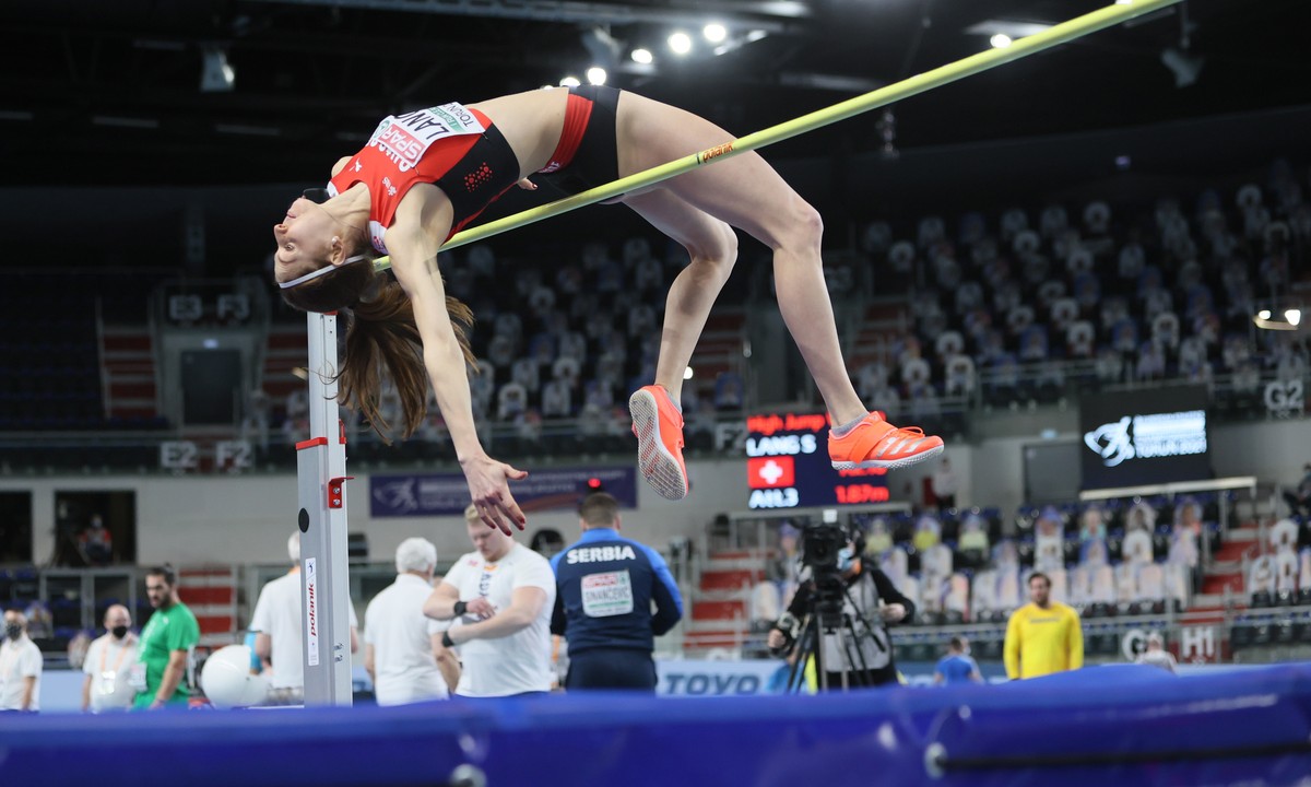epa09055149 Salome Lang of Switzerland competes in the women's High Jump qualification at the 36th European Athletics Indoor Championships at the Arena Torun, in Torun, north-central Poland, 05 M ...