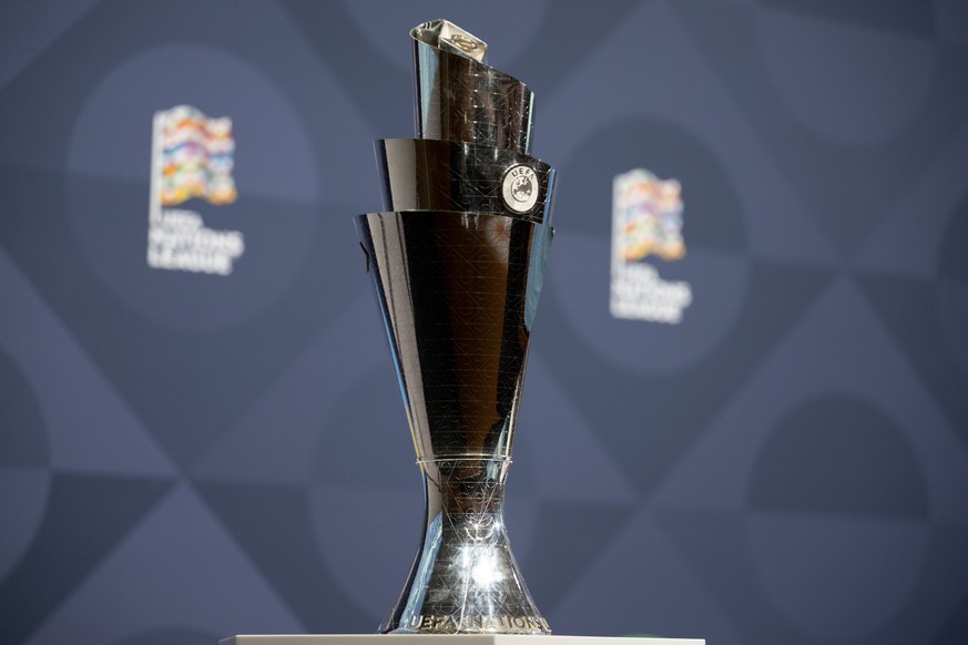 epa10428840 A handout photo made available by the UEFA shows the trophy during the UEFA Nations League finals draw at the UEFA Headquarters, The House of the European Football, in Nyon, Switzerland, 2 ...