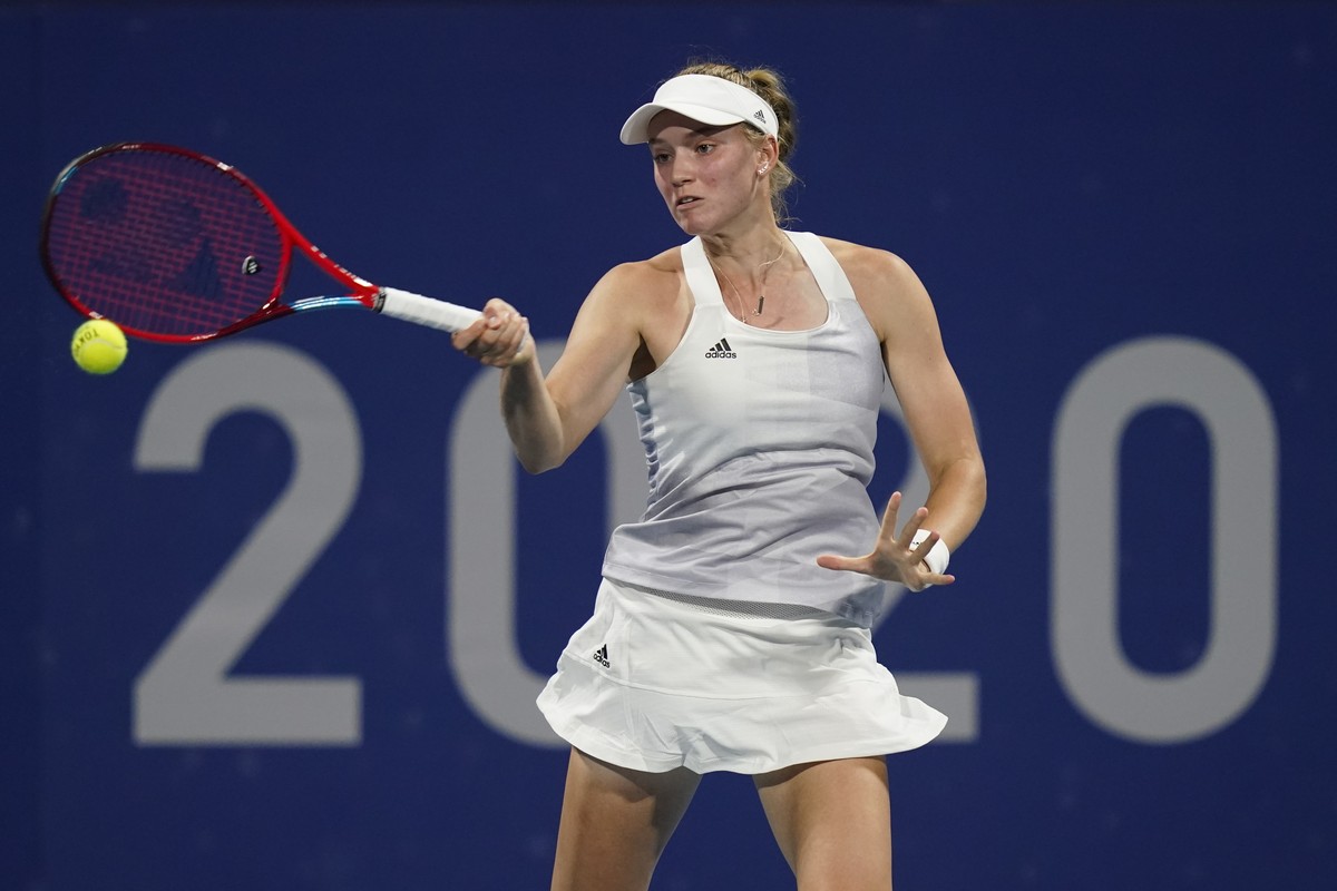 Elena Rybakina, of Kazakhstan, returns to Donna Vekic, of Croatia, during the third round of the women's tennis competition at the 2020 Summer Olympics, Tuesday, July 27, 2021, in Tokyo, Japan. ( ...