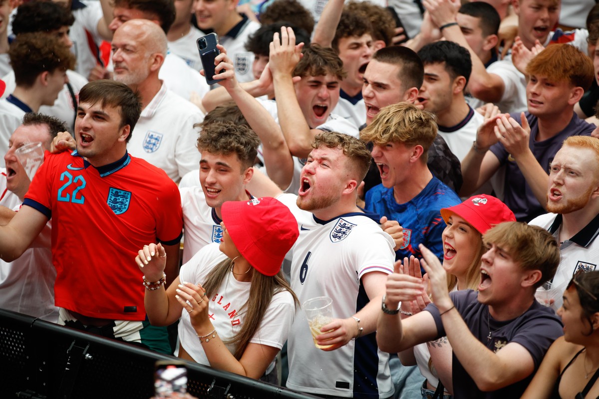 epa11447959 England fans react during the first half of a public screening of the UEFA EURO 2024 Round of 16 soccer match between England and Slovakia at Boxpark Wembley in London, Britain, 30 June 20 ...