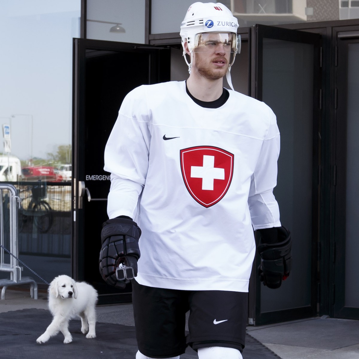 Switzerland's defender Mirco Mueller arrives for a training session, during the IIHF 2018 World Championship at the practice arena of the Royal Arena, in Copenhagen, Denmark, Monday, May 14, 2018 ...