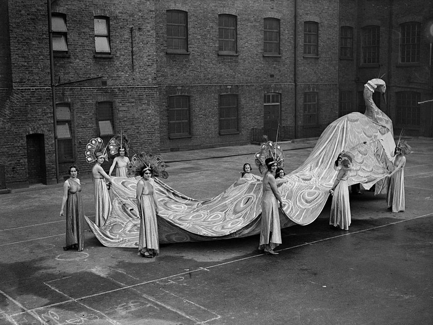 December 1929: Figure of a peacock with its tail as a train which is being held by attendants at a Chelsea Arts Ball rehearsal. (Photo by Fox Photos/Getty Images)