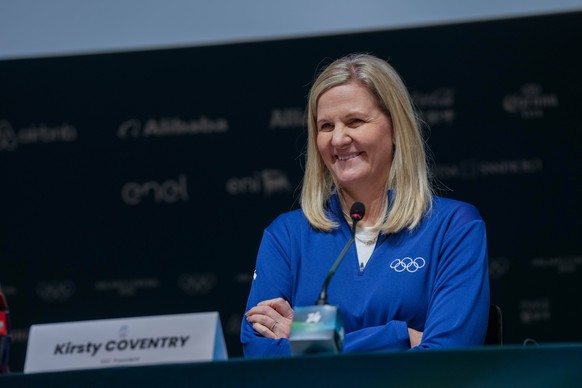 Olympic Committee President Kirsty Coventry meets the media in Milan, Italy, Sunday, Feb. 1, 2026. (Claudio Furlan/LaPresse via AP)
Kirsty Coventry