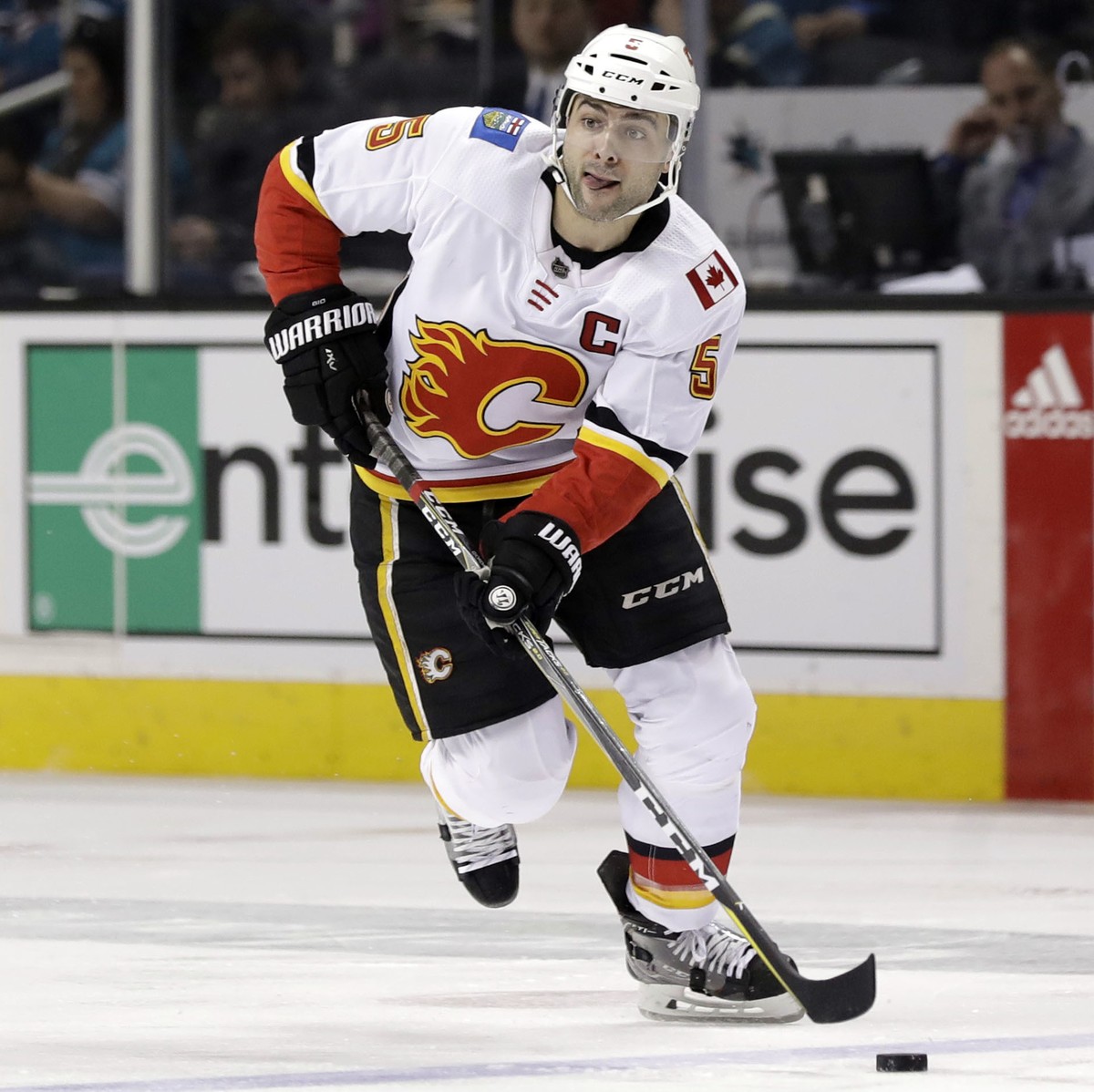 File-This March 24, 2019, file photo shows Calgary Flames' Mark Giordano (5) during the first period of an NHL hockey game against the San Jose Sharks in San Jose, Calif. Giordano has had a caree ...