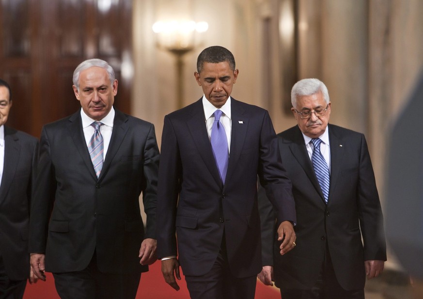 Zu Recht eher nachdenklich gestimmtes Trio: Netanjahu, Obama und Abbas (v. l. n. r.) im Weissen Haus.  