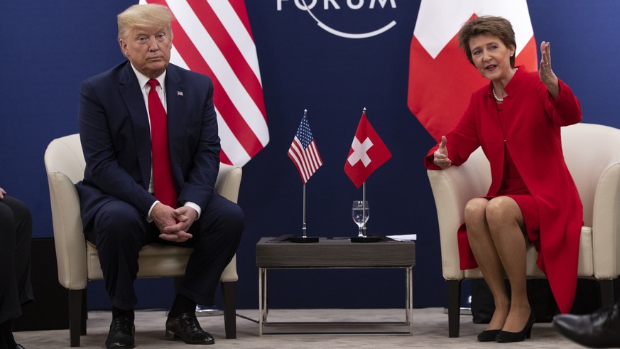 President Donald Trump meets with Swiss President Simonetta Sommaruga at the World Economic Forum, Tuesday, Jan. 21, 2020, in Davos, Switzerland. (AP Photo/ Evan Vucci)
Donald Trump,Simonetta Sommarug ...