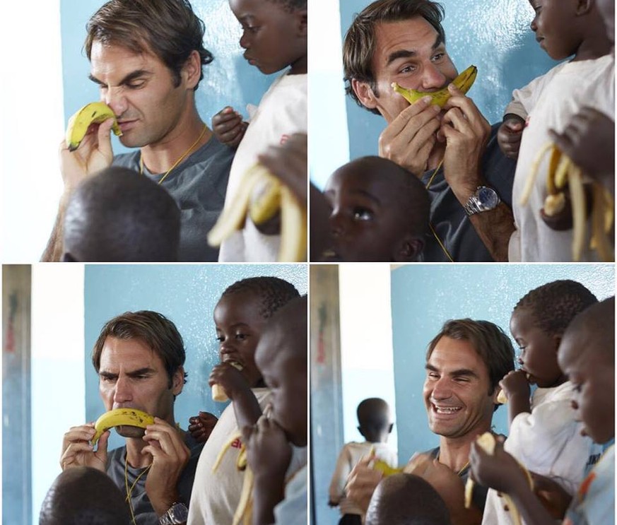 Spassvogel Federer in Malawi in Aktion: Kommuniziert wird mit Banane.