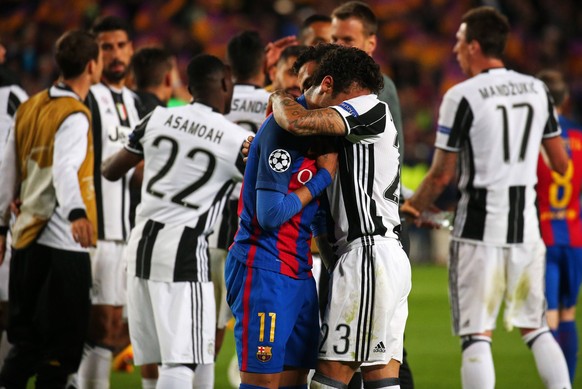 April 19, 2017 - Barcelona, Spain - Neymar Jr. crying, comforted by Dani Alves at the end of the UEFA Champions League match between F.C. Barcelona v Juventus, in Barcelona, on April 19, 2017. FC Barc ...