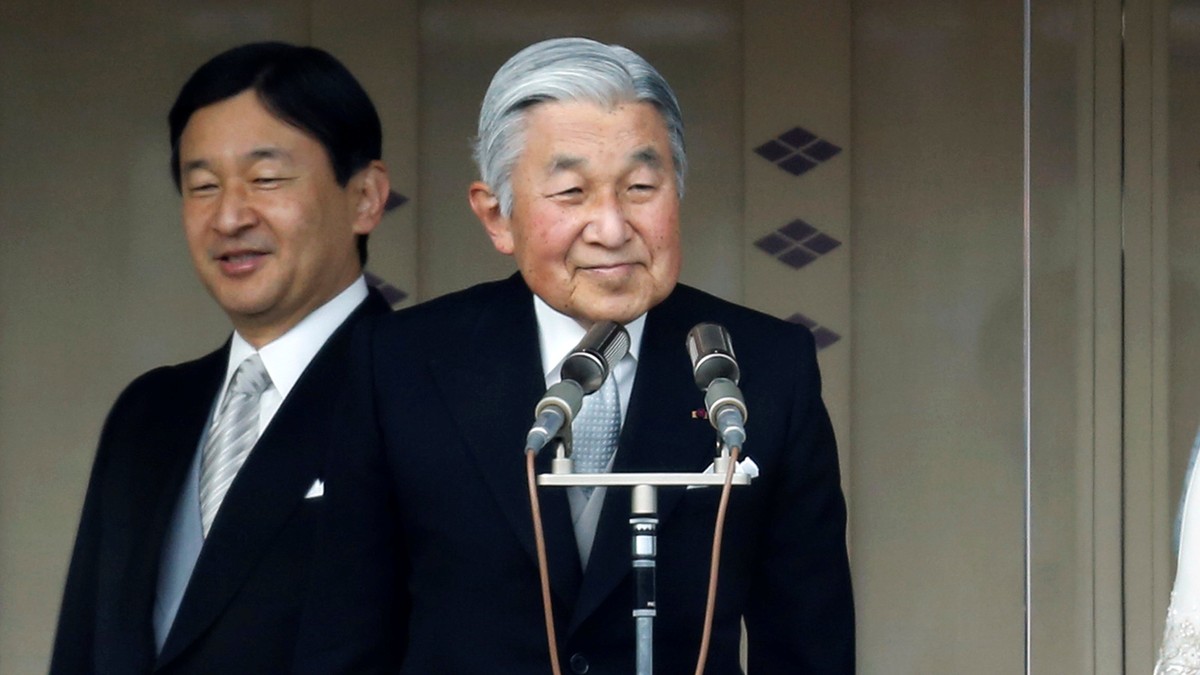 Japan's Crown Prince Naruhito (L-R), Emperor Akihito, Crown Princess Masako and Empress Michiko stand during a public appearance for New Year celebrations at the Imperial Palace in Tokyo January  ...