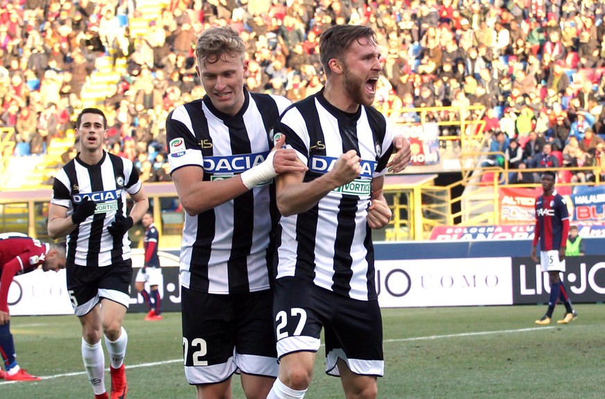 Udinese&#039;s Silvan Widmer celebrates after scoring his side&#039;s first goal during the Italian serie A soccer match between Bologna and Udinese at the Dall&#039;Ara stadium in Bologna, Italy, Sat ...